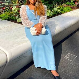 Baby blue dress with white lace sleeves